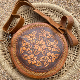 Carved Leather Round Bag - Antique Caramel